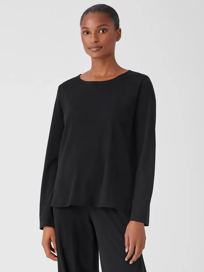 Women Eileen Fisher Sleepwear Cozy Organic Cotton Interlock Jewel Neck Top Black