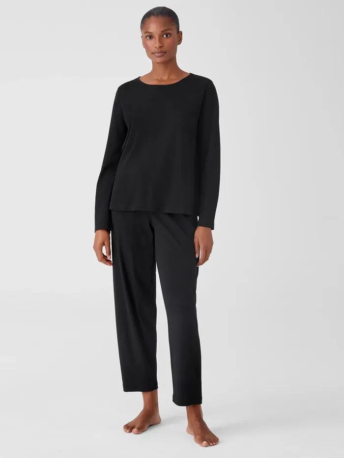 Women Eileen Fisher Sleepwear Cozy Organic Cotton Interlock Jewel Neck Top Black