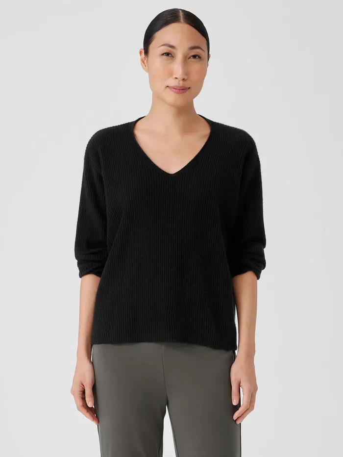 Women Eileen Fisher Sweaters and Cardigans Italian Cashmere VNeck Top Black