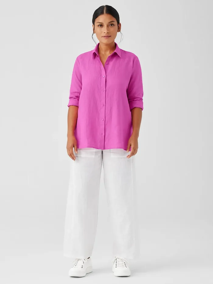 Women Eileen Fisher Tops and Tees Organic Handkerchief Linen Classic Collar Shirt Black