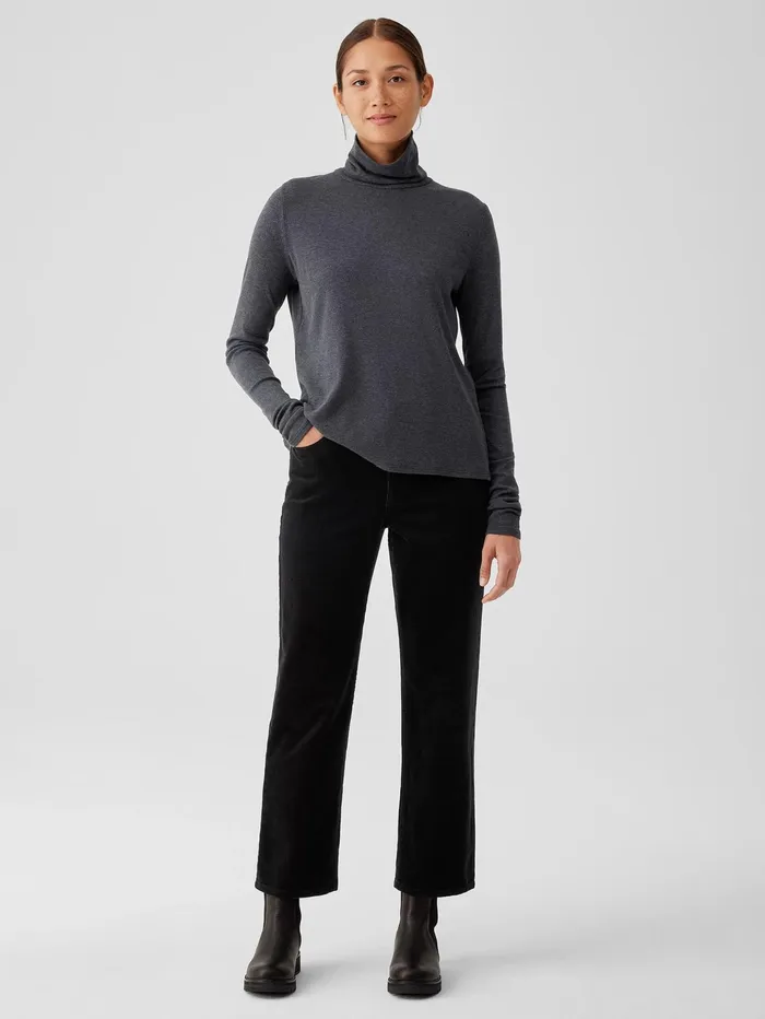 Women Eileen Fisher Tops and Tees Ribbed Pima Cotton Blend Turtleneck Top Charcoal