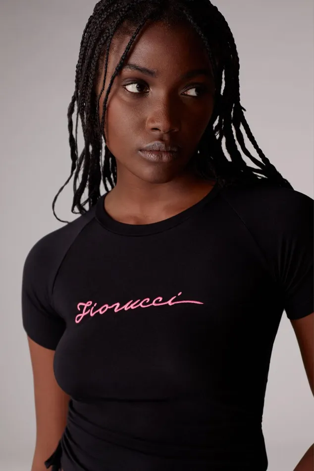 Women Fiorucci TShirts and Tops Squiggle Logo Ruched TShirt Black Women Fiorucci TShirts and Tops Squiggle Logo Ruched TShirt Black