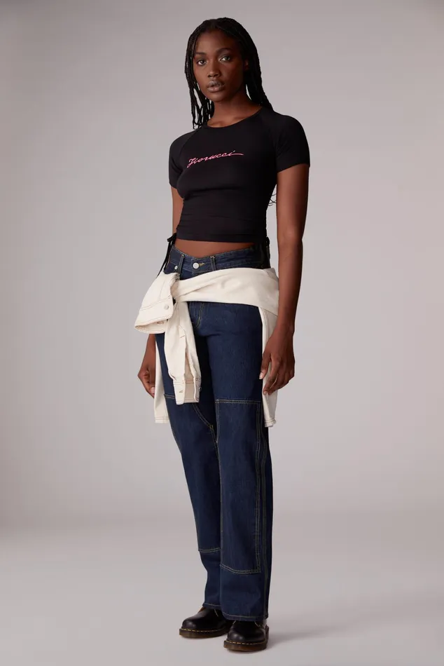 Women Fiorucci TShirts and Tops Squiggle Logo Ruched TShirt Black Women Fiorucci TShirts and Tops Squiggle Logo Ruched TShirt Black