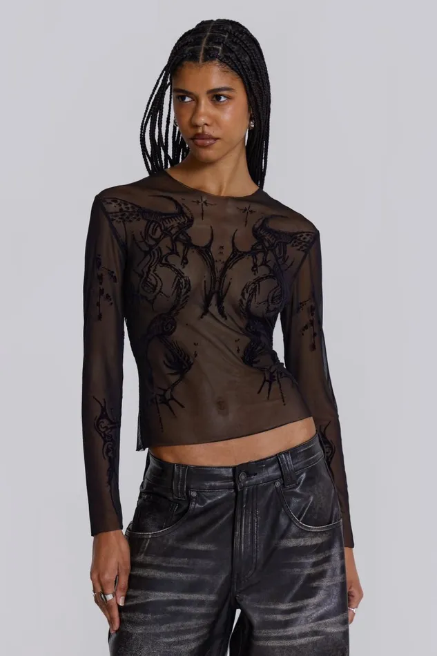Women Flock Mesh Long Sleeve With Tattoo Print Jaded London Long Sleeve Tops