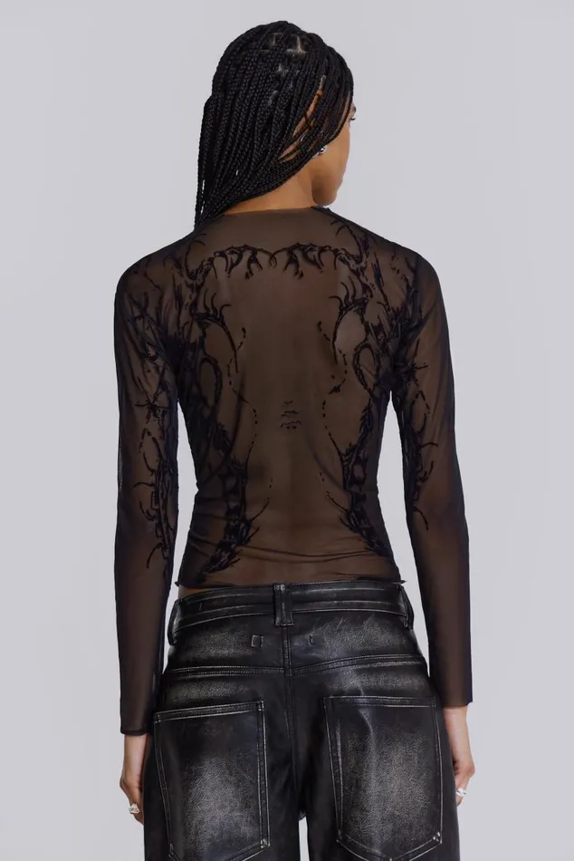 Women Flock Mesh Long Sleeve With Tattoo Print Jaded London Long Sleeve Tops