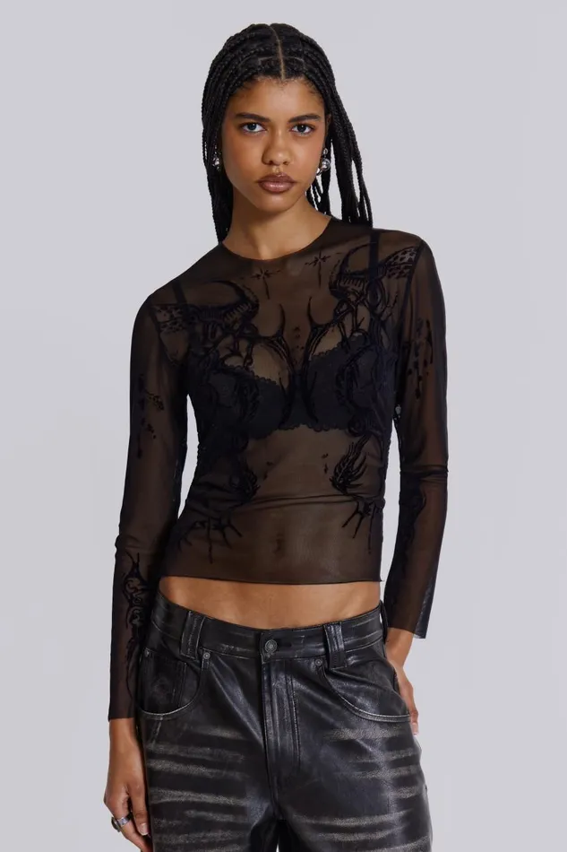 Women Flock Mesh Long Sleeve With Tattoo Print Jaded London Long Sleeve Tops