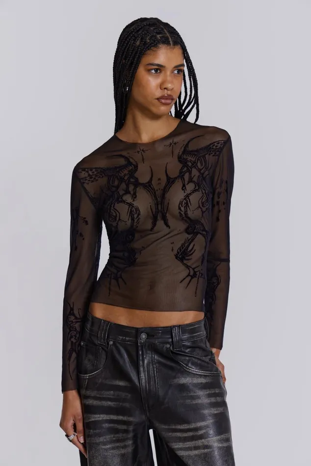 Women Flock Mesh Long Sleeve With Tattoo Print Jaded London Long Sleeve Tops