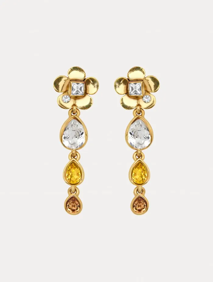 Women Flower Teardrop ClipOn Earrings Crystal Multi Oscar De La Renta Earrings
