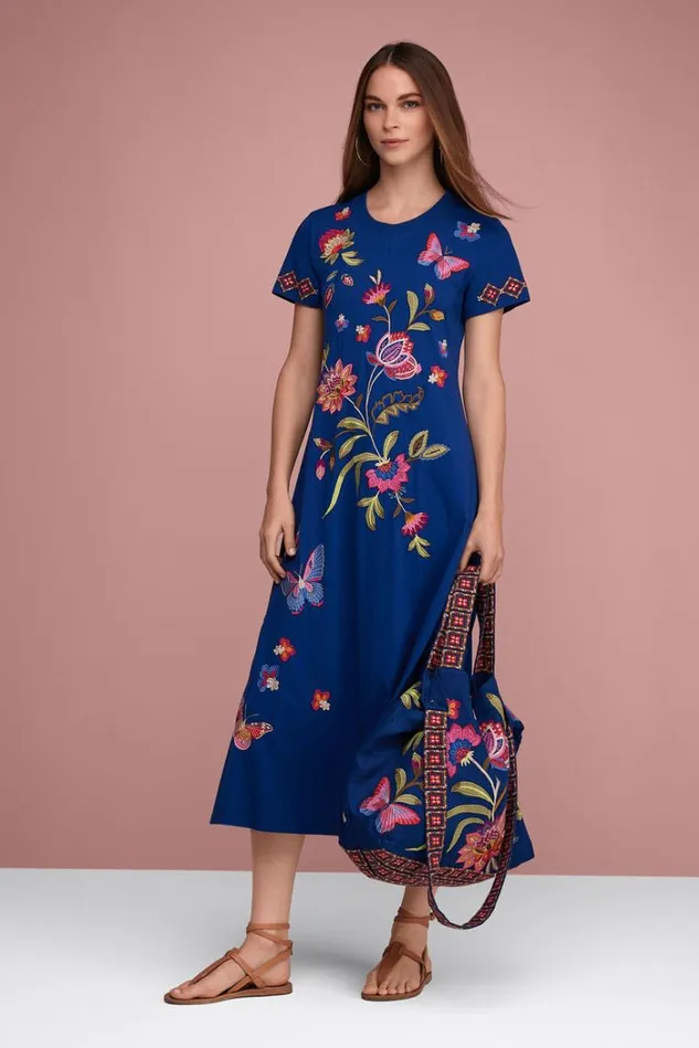 Women GRACEY CREW NECK SWING DRESS Sailor Blue Johnny Was Dresses Women GRACEY CREW NECK SWING DRESS Sailor Blue Johnny Was Dresses