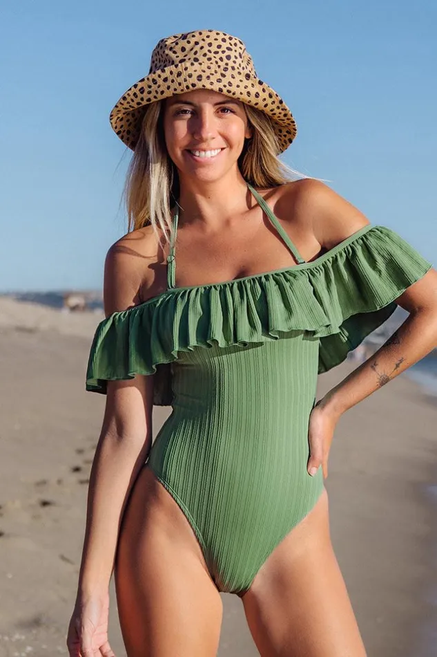 Women Halter and Lace Up Swimsuits Cupshe Breezy Rib Off Shoulder Ruffle One Piece Swimsuit Green