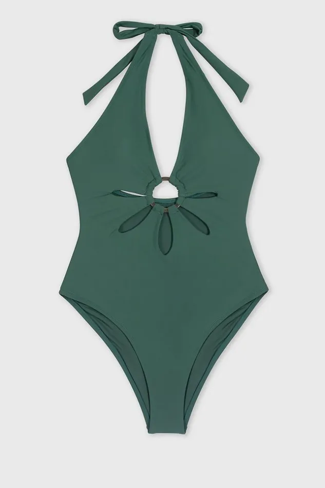 Women Halter and Lace Up Swimsuits Cupshe Green Halter Flower Cutout One Piece Swimsuit Green