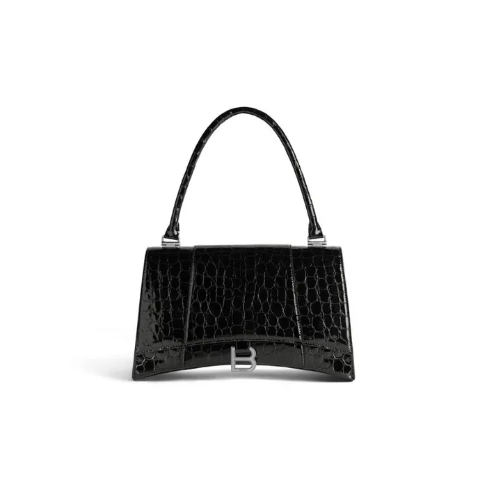 Women Handbags Balenciaga Hourglass Hinge Medium Handbag Crocodile Embossed In Black