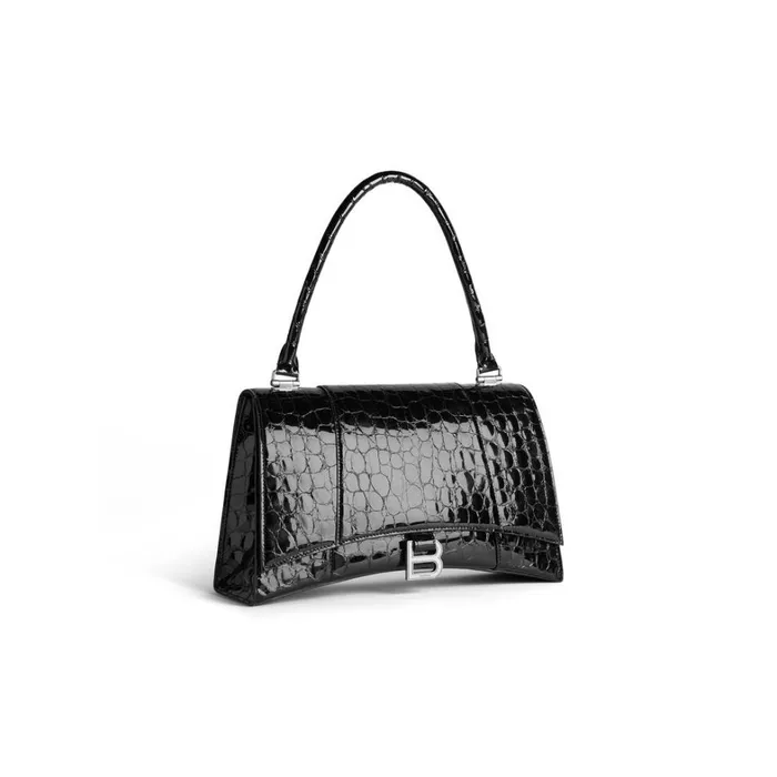 Women Handbags Balenciaga Hourglass Hinge Medium Handbag Crocodile Embossed In Black