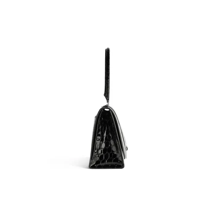 Women Handbags Balenciaga Hourglass Hinge Medium Handbag Crocodile Embossed In Black