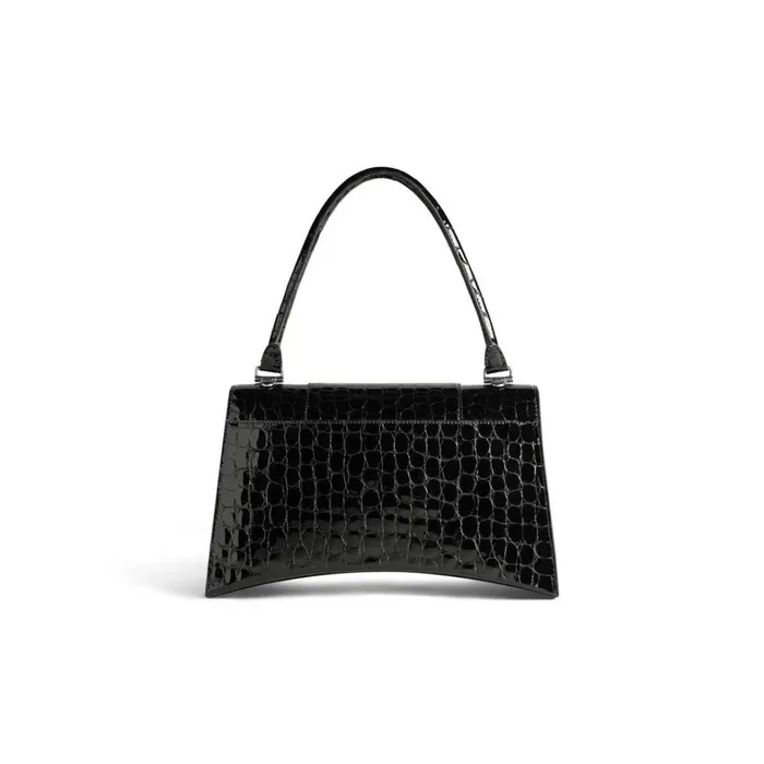 Women Handbags Balenciaga Hourglass Hinge Medium Handbag Crocodile Embossed In Black