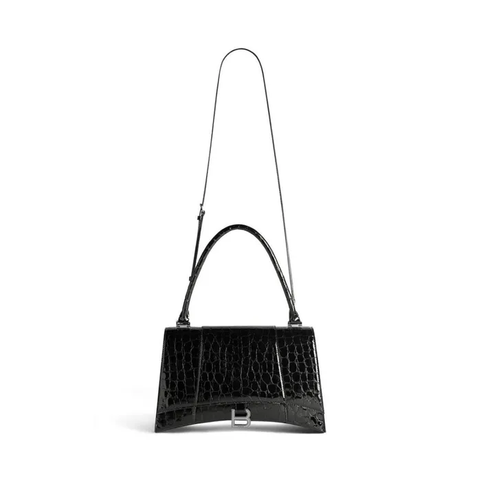 Women Handbags Balenciaga Hourglass Hinge Medium Handbag Crocodile Embossed In Black