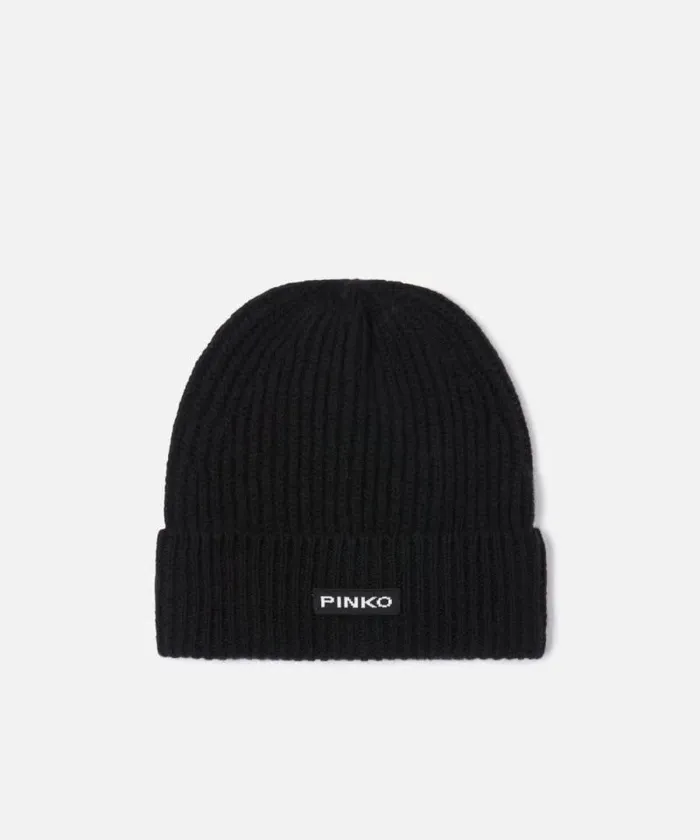 Women Hats Pinko Ribbed Wool Hat With Logo Limo Black