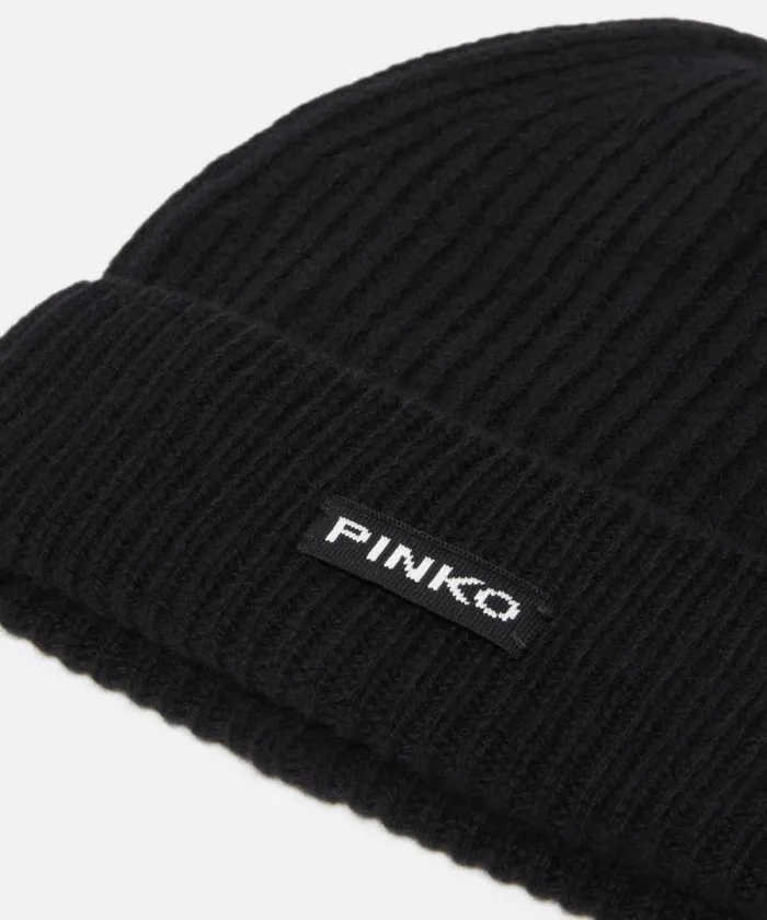 Women Hats Pinko Ribbed Wool Hat With Logo Limo Black Women Hats Pinko Ribbed Wool Hat With Logo Limo Black