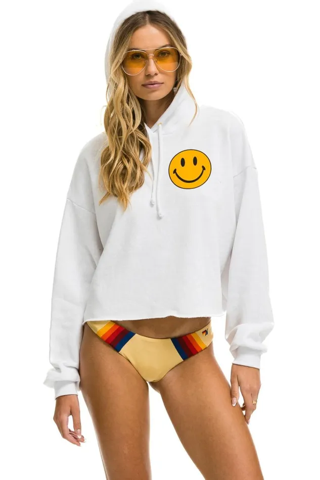 Women Hoodies Aviator Nation Smiley 2 Relaxed Cropped Pullover Hoodie 8211 White Women Hoodies Aviator Nation Smiley 2 Relaxed Cropped Pullover Hoodie 8211 White