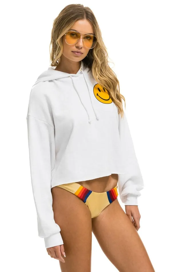 Women Hoodies Aviator Nation Smiley 2 Relaxed Cropped Pullover Hoodie 8211 White