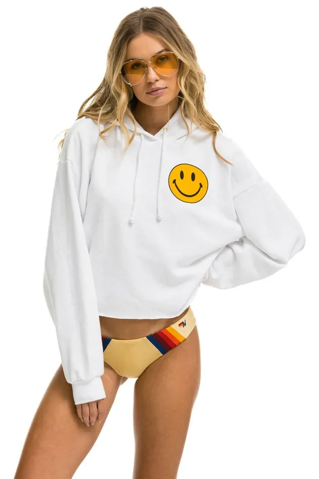 Women Hoodies Aviator Nation Smiley 2 Relaxed Cropped Pullover Hoodie 8211 White