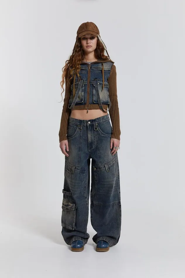 Women Indigo Sand Wash Colossus Fit Jeans With Double Layer and Hardware Details Jaded London Jeans Women Indigo Sand Wash Colossus Fit Jeans With Double Layer and Hardware Details Jaded London Jeans