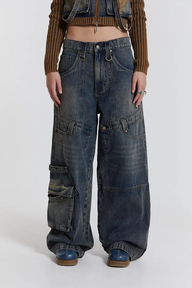 Women Indigo Sand Wash Colossus Fit Jeans With Double Layer and Hardware Details Jaded London Jeans