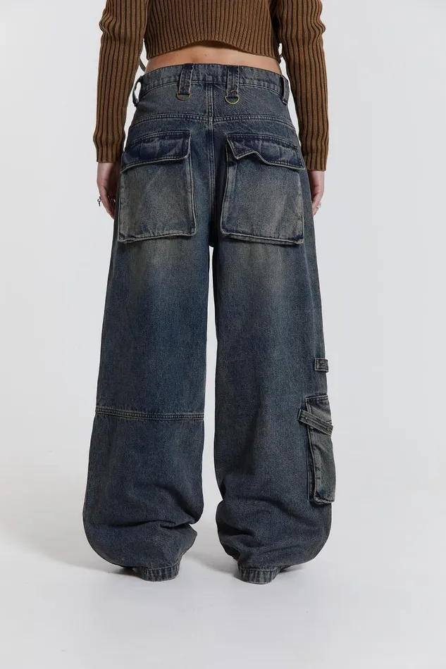 Women Indigo Sand Wash Colossus Fit Jeans With Double Layer and Hardware Details Jaded London Jeans
