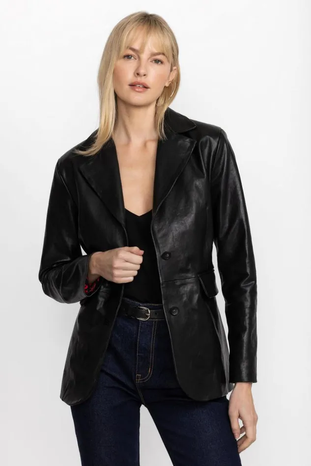 Women ITALIAN LEATHER CLASSIC BLAZER Black Johnny Was Outerwear