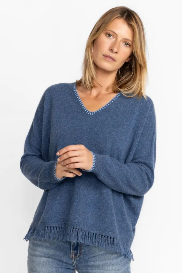 Women IZY WHIPSTITCH FRINGE PULLOVER Indigo Johnny Was Tops