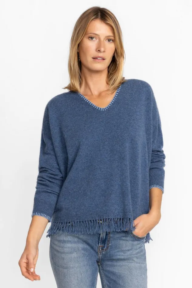 Women IZY WHIPSTITCH FRINGE PULLOVER Indigo Johnny Was Tops Women IZY WHIPSTITCH FRINGE PULLOVER Indigo Johnny Was Tops