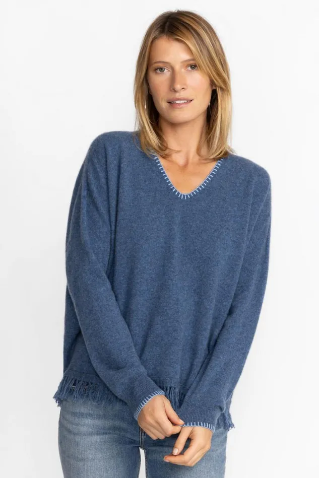 Women IZY WHIPSTITCH FRINGE PULLOVER Indigo Johnny Was Tops Women IZY WHIPSTITCH FRINGE PULLOVER Indigo Johnny Was Tops