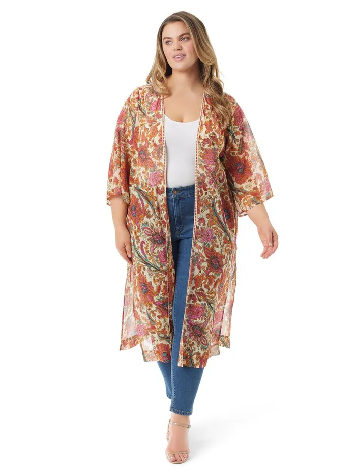 Women Jackets Blazers and Kimonos Jessica Simpson Calie Kimono In Apricot Sherbet Paisley