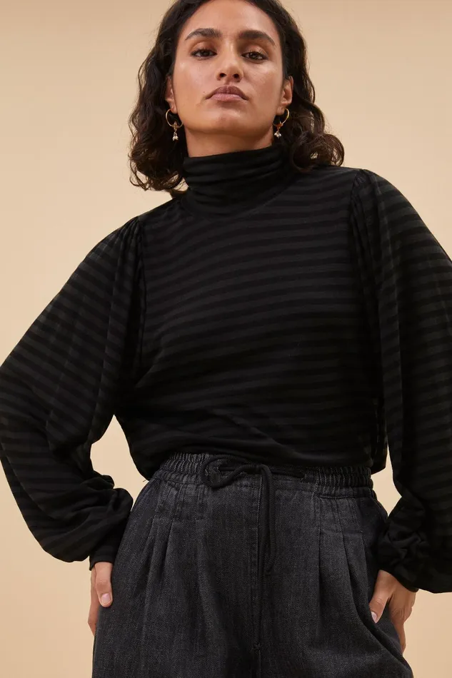 Women Jojo Roll Melange Stripe Top Jet Black Bybar Tops and Shirts