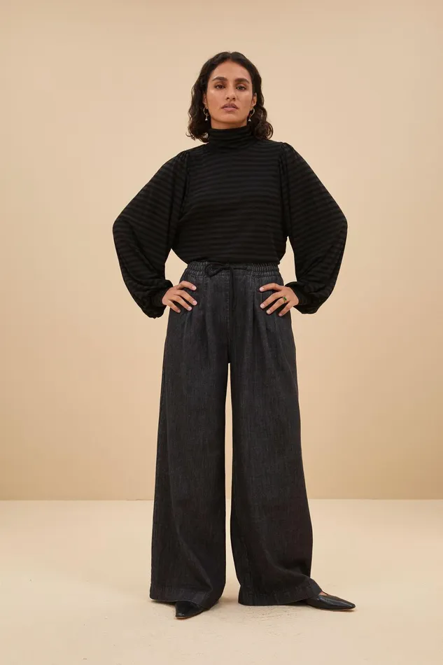 Women Jojo Roll Melange Stripe Top Jet Black Bybar Tops and Shirts