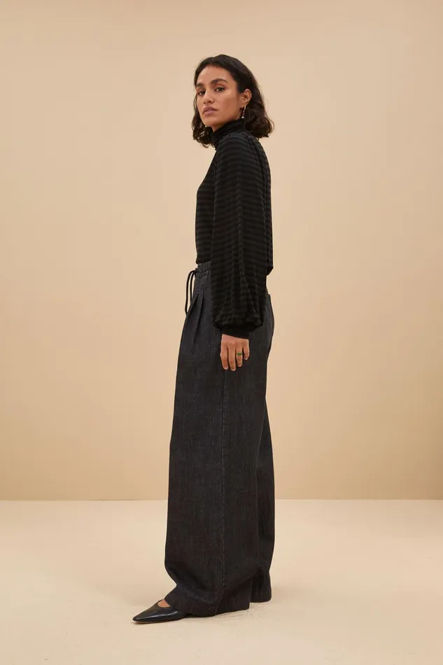 Women Jojo Roll Melange Stripe Top Jet Black Bybar Tops and Shirts