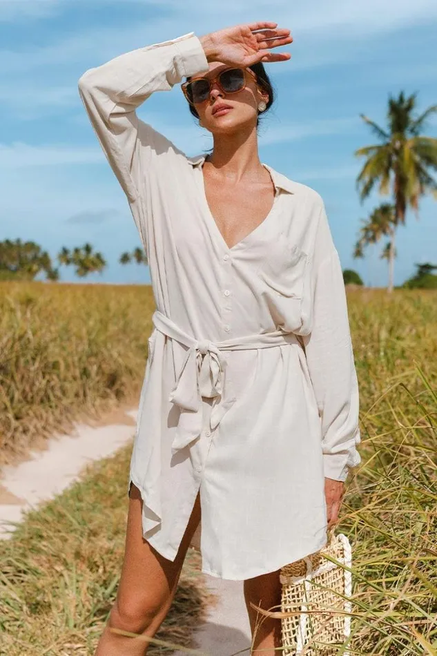 Women Kaftans Cupshe Johanna Belted Button Front Shirt Kimono Beige