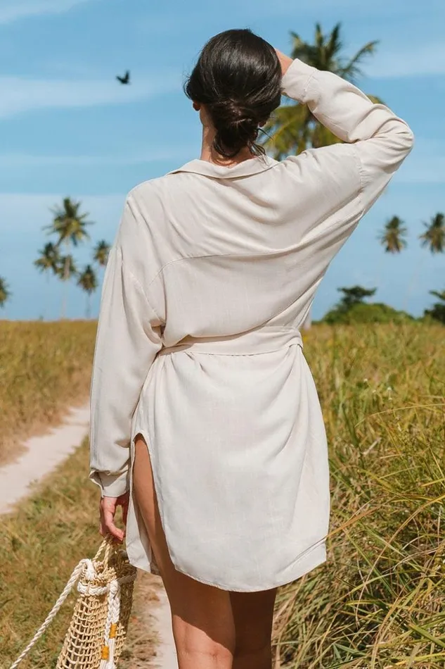 Women Kaftans Cupshe Johanna Belted Button Front Shirt Kimono Beige