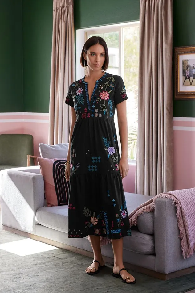 Women KATIE HENLEY TIERED KNIT DRESS Black Johnny Was Dresses Women KATIE HENLEY TIERED KNIT DRESS Black Johnny Was Dresses