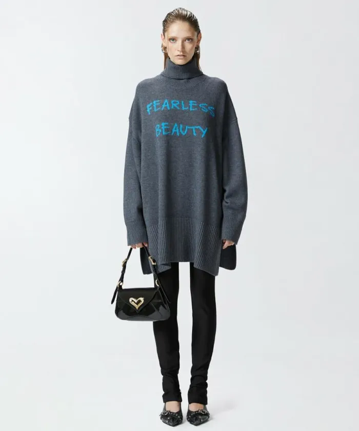 Women Knitwear Pinko Fearless Beauty Long Wool Sweater Greylight Blue Women Knitwear Pinko Fearless Beauty Long Wool Sweater Greylight Blue