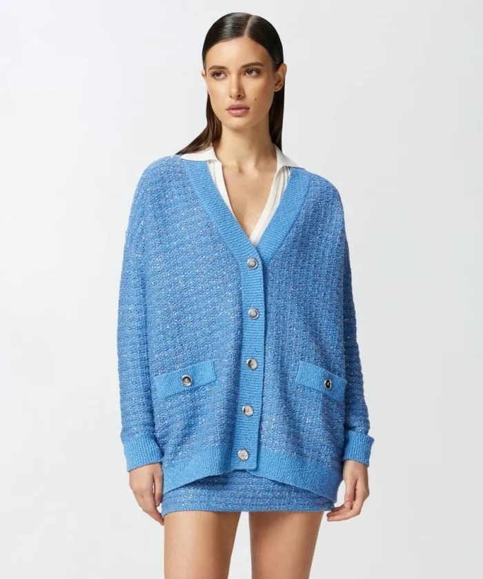 Women Knitwear Pinko Metallic Mat Cardigan With Sequins Amparo Blue