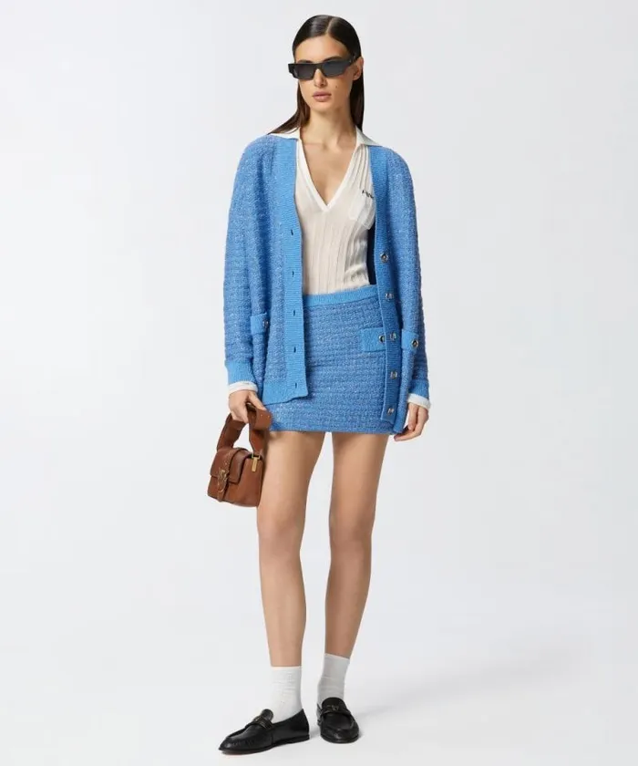 Women Knitwear Pinko Metallic Mat Cardigan With Sequins Amparo Blue Women Knitwear Pinko Metallic Mat Cardigan With Sequins Amparo Blue