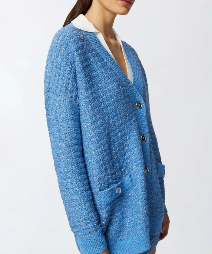 Women Knitwear Pinko Metallic Mat Cardigan With Sequins Amparo Blue Women Knitwear Pinko Metallic Mat Cardigan With Sequins Amparo Blue