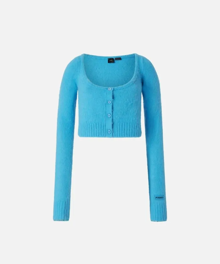 Women Knitwear Pinko Short Soft Knit Cardigan Light Blueaquarium Women Knitwear Pinko Short Soft Knit Cardigan Light Blueaquarium