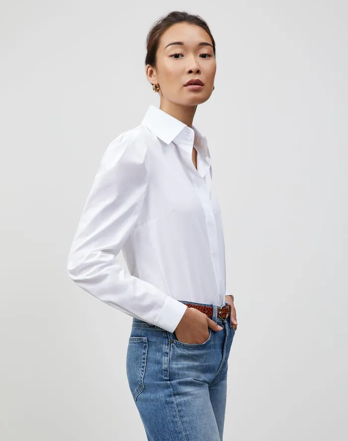 Women Lafayette 148 New York Blouses and Shirts Italian Sculpted Cotton Illiana Shirt White