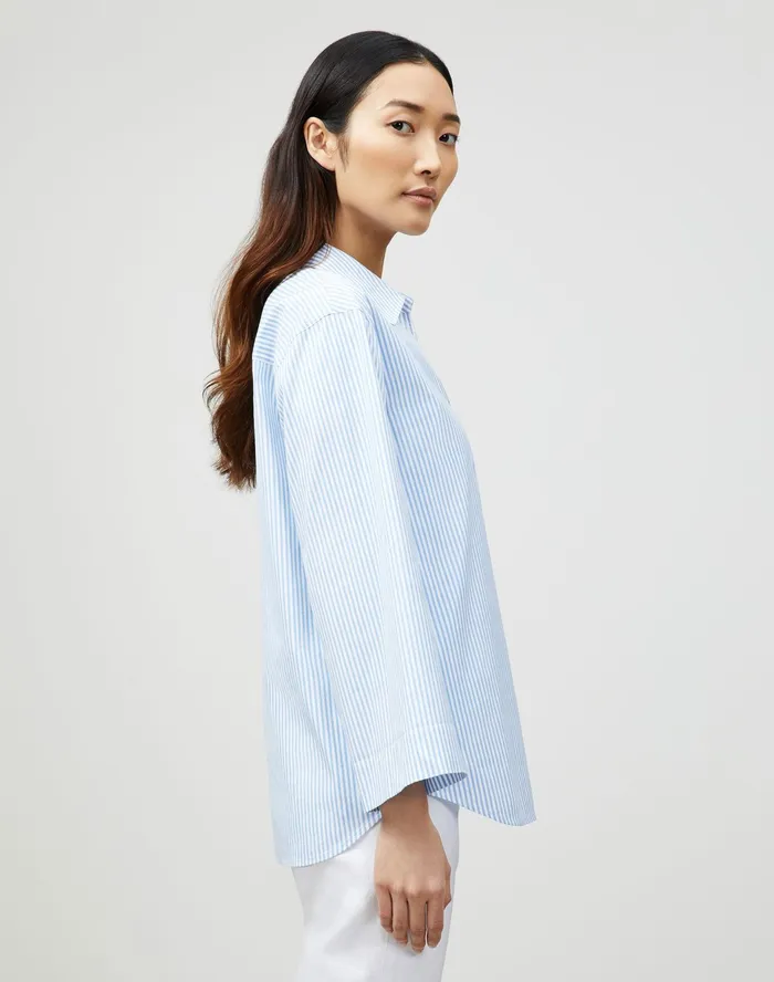 Women Lafayette 148 New York Blouses and Shirts Pelham Shirt In KindCotton Courtland Stripe Fresh Blue Multi
