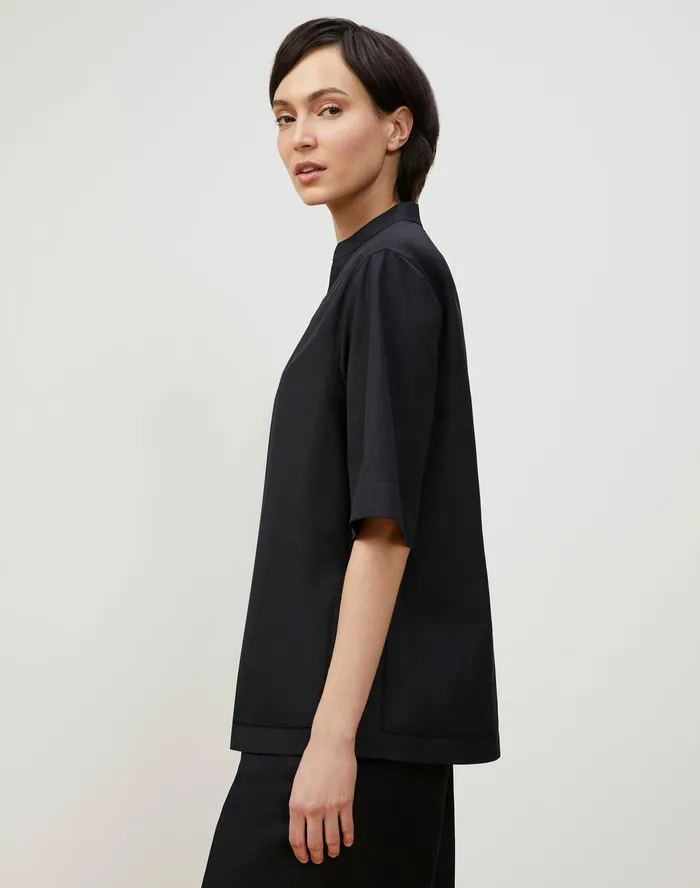 Women Lafayette 148 New York Blouses and Shirts Petite Etta Shirt In Italian Sculpted Kindcotton Black