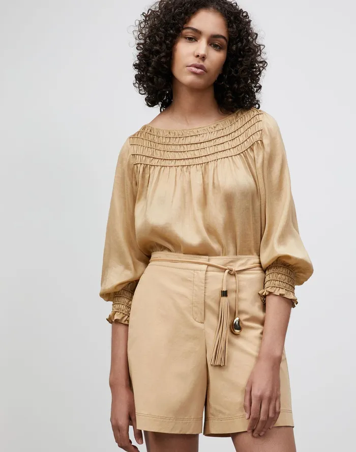 Women Lafayette 148 New York Blouses and Shirts Petite Paley Blouse In Gemma Cloth Honeynut Women Lafayette 148 New York Blouses and Shirts Petite Paley Blouse In Gemma Cloth Honeynut