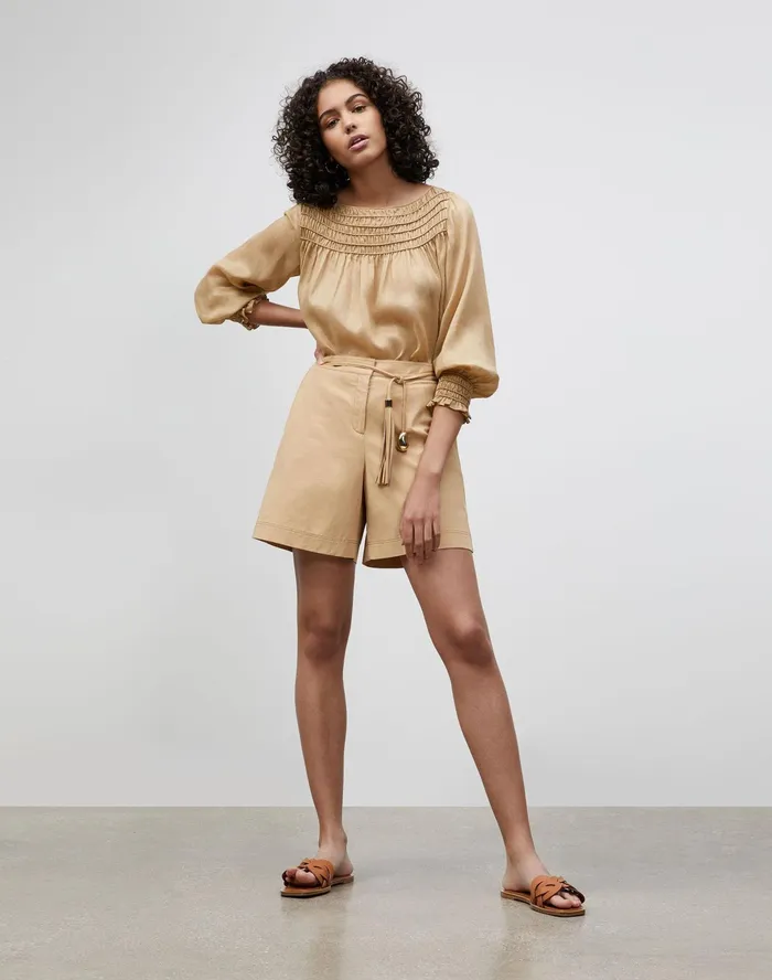 Women Lafayette 148 New York Blouses and Shirts Petite Paley Blouse In Gemma Cloth Honeynut