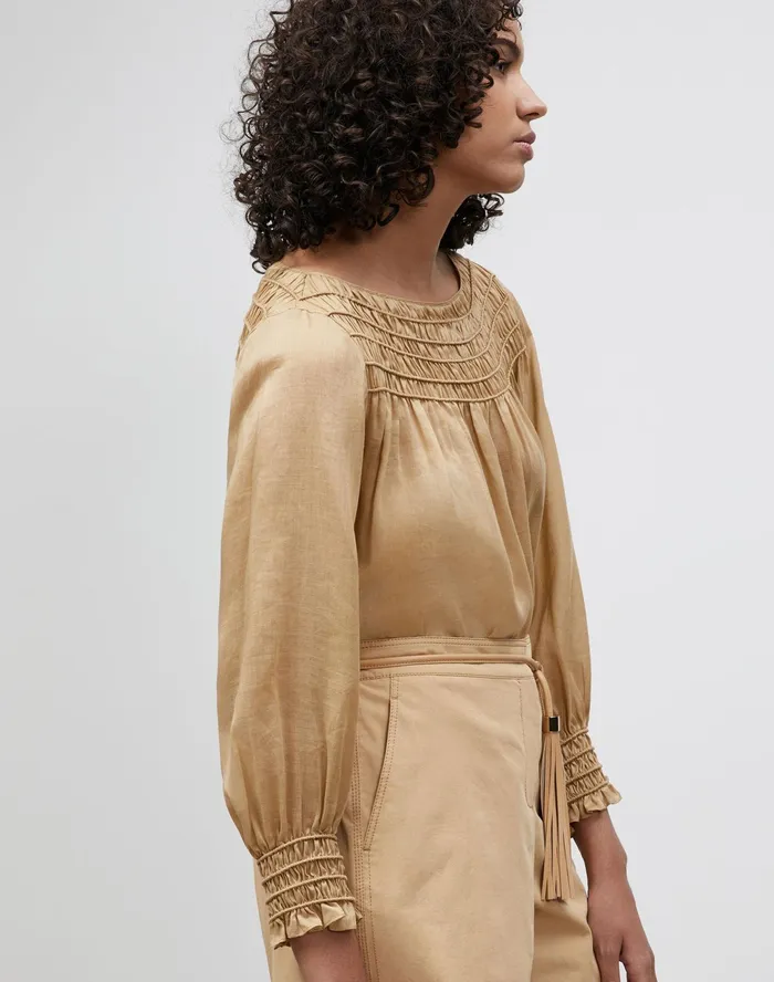 Women Lafayette 148 New York Blouses and Shirts Petite Paley Blouse In Gemma Cloth Honeynut